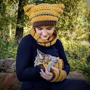 Handmade Cat Ear Hat and Scarf Set - Yellow and Brown